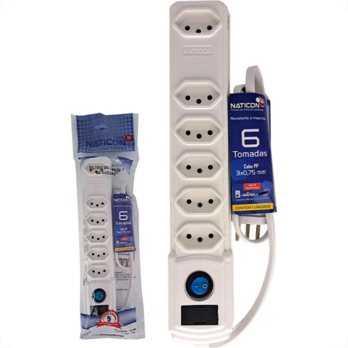 Filtro de linha 6 tomadas com fusível 90cm chave e led bivolt branco