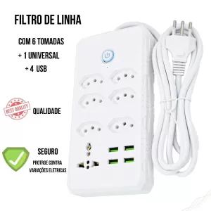 Régua Filtro de Linha com 7 Tomadas Extensão Elétrica 1 Universal 4 USB Bivolt Cabo de 2 Metros