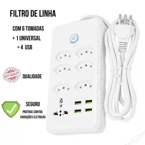 Régua Filtro de Linha com 7 Tomadas Extensão Elétrica 1 Universal 4 USB Bivolt Cabo de 2 Metros