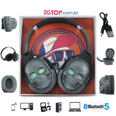 Fone Caveira Cinza com preto Bluetooth Sem Fio Hea..