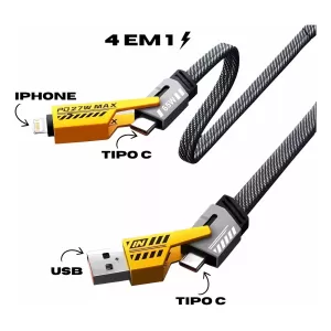 Cabo Flat Turbo 4 em 1 Type-C   USB-A   Type-C   IOS 65W / 27W PD 1.20m Reforçado